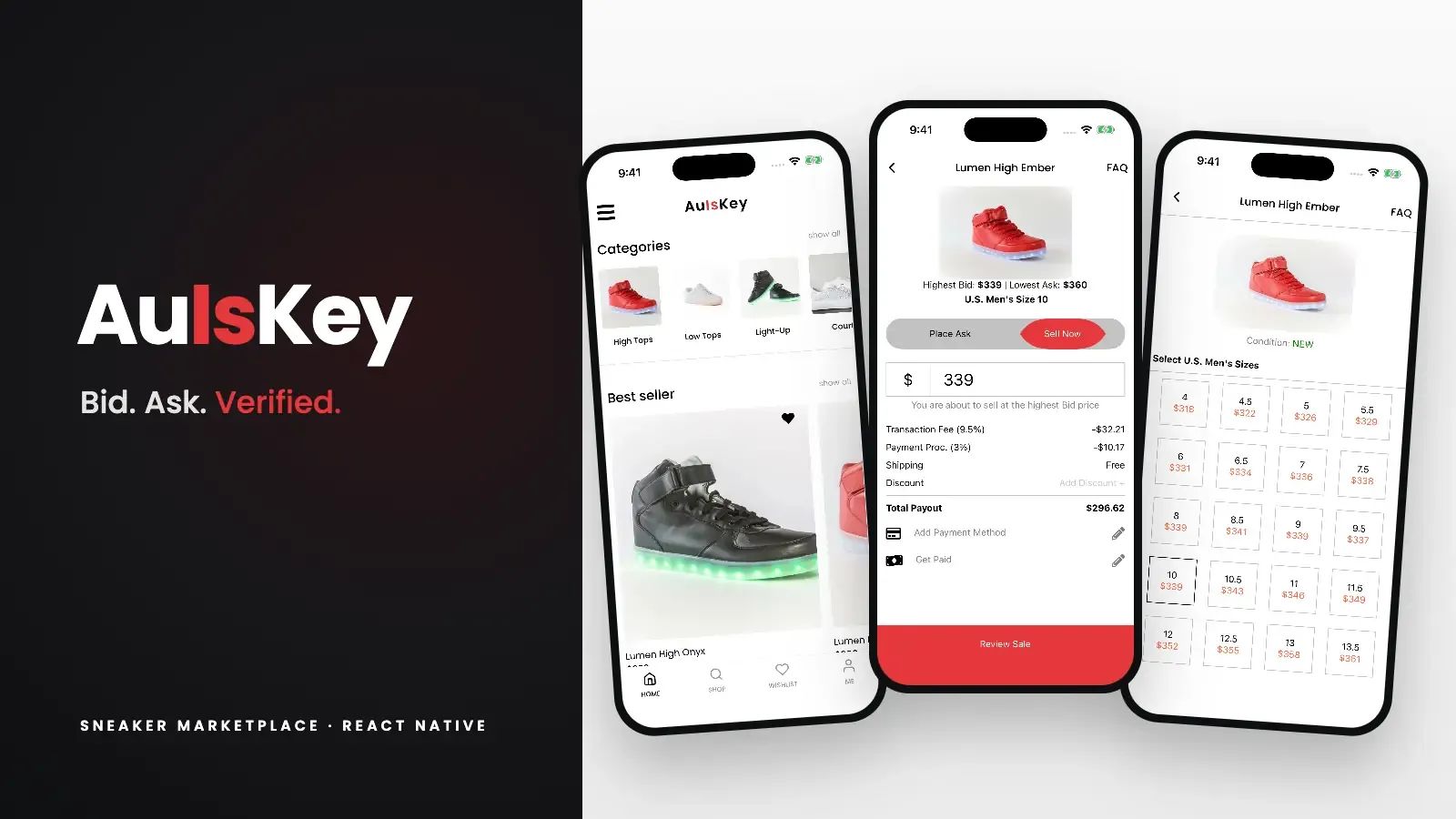 شاشات المتجر والبيع الفوري وصافي العائد واختيار المقاس في AuIsKey بجانب شعار AuIsKey