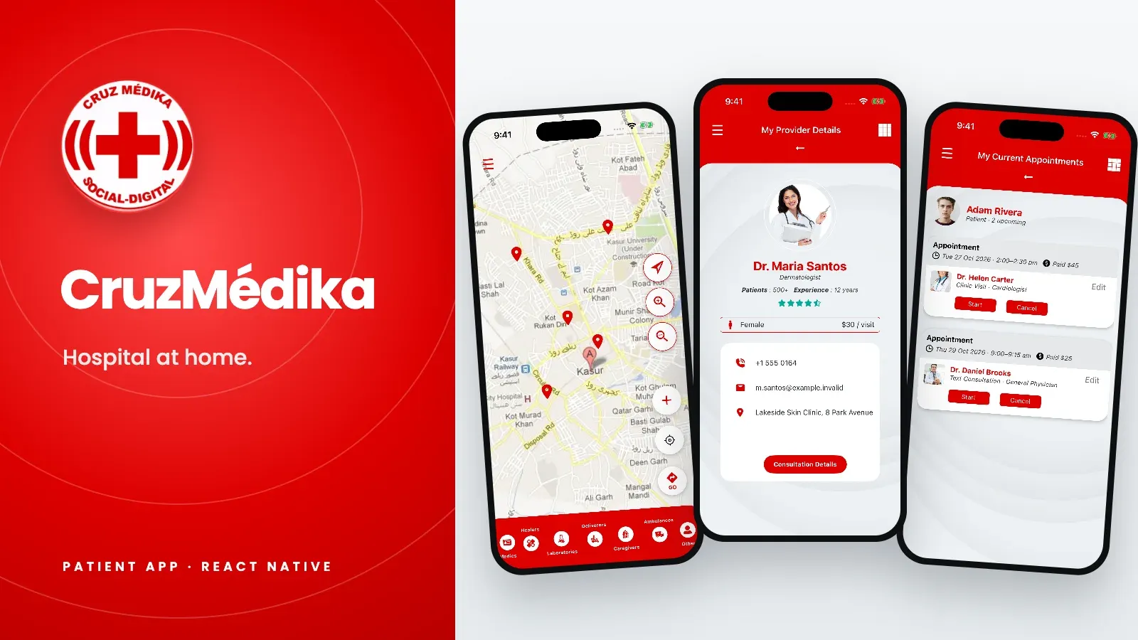 خريطة الرعاية وملف الطبيب والمواعيد في CruzMédika بجانب شعار Cruz Médika الأحمر