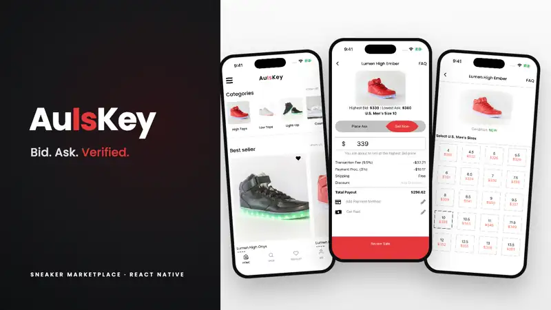 AuIsKey shop, sell-now payout and size picker screens beside the AuIsKey wordmark