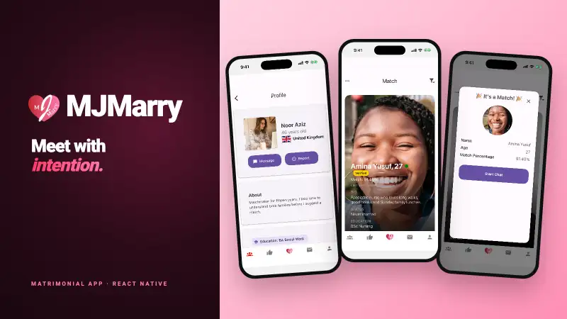 MJMarry matchmaker profile, match card and match screens beside the MJMarry heart mark