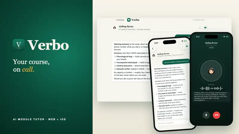 Verbo web chat, iOS chat answer and voice call screens beside the Verbo mark